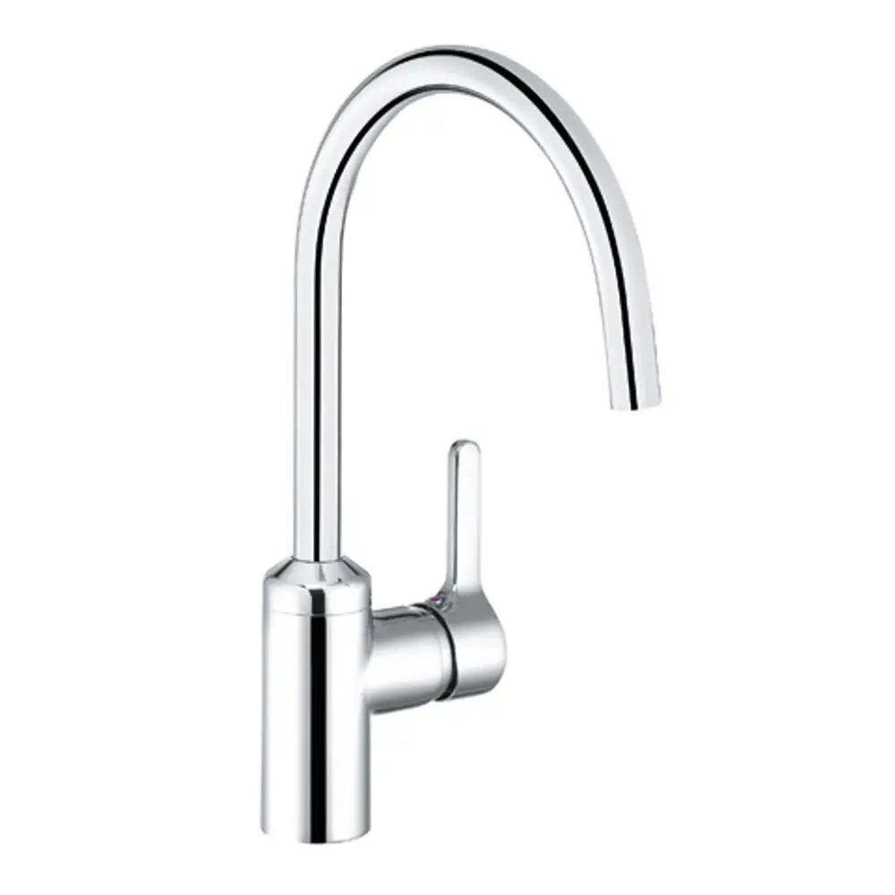 Hochglanzverchromter Wasserhahn von Kludi mit gebogenem Auslauf und seitlichem Hebel zur Steuerung des Wasserdurchflusses, geeignet für Küchenanwendungen.